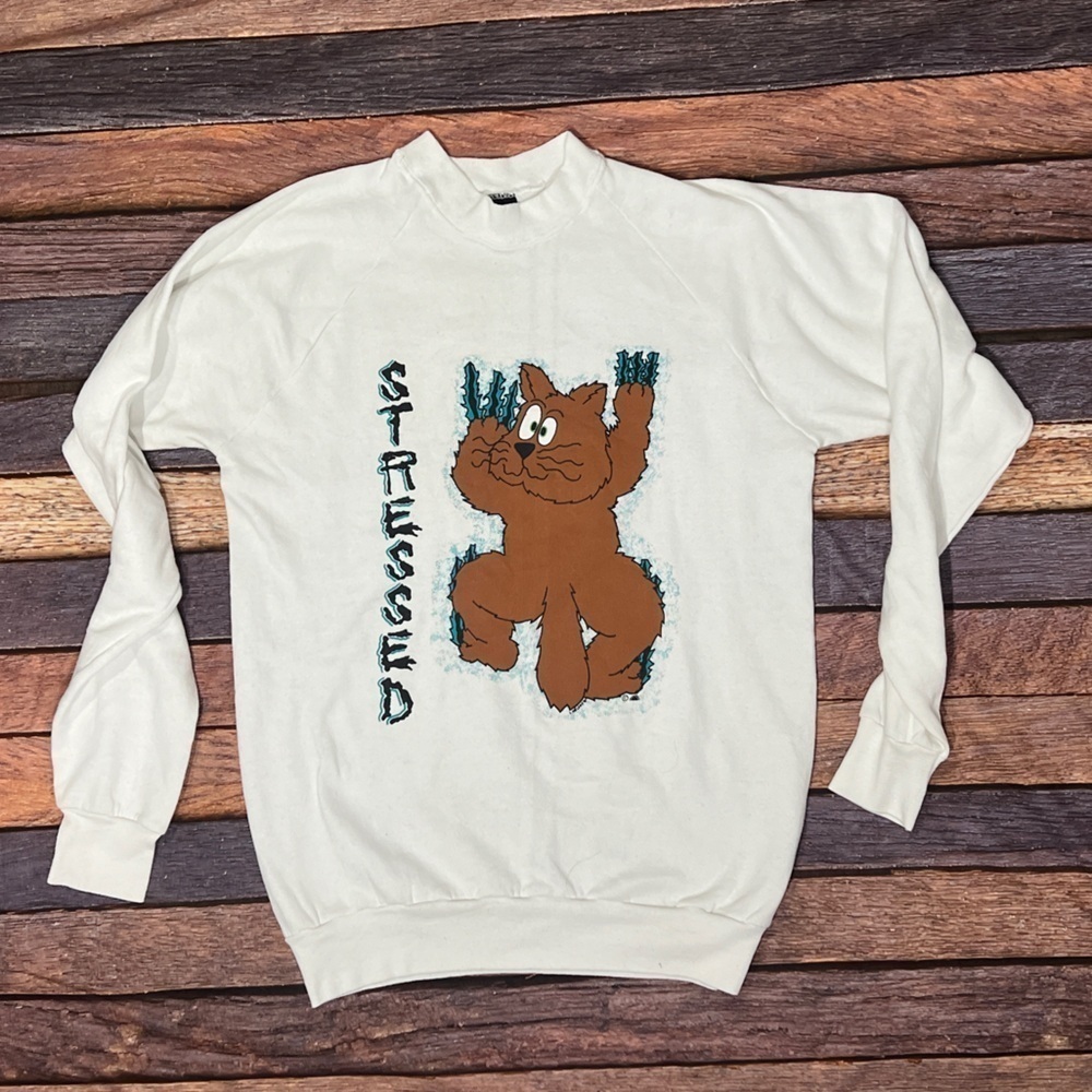 Vintage Cat Stressed Cartoon 1980s Crewneck Pullover Jumper Sweatshirt